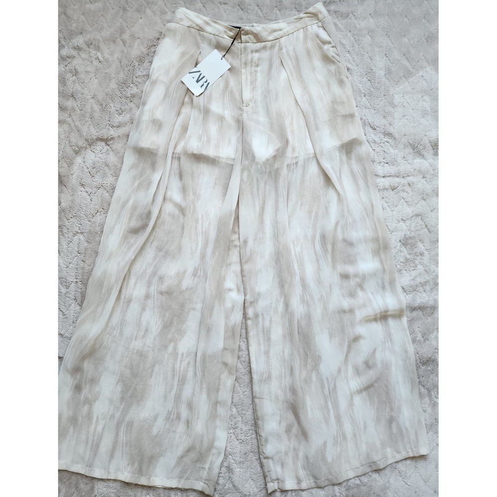 Zara Flowy Sheer Wide Leg Trousers Beige White Marble Print 8741/021/711 Mens M